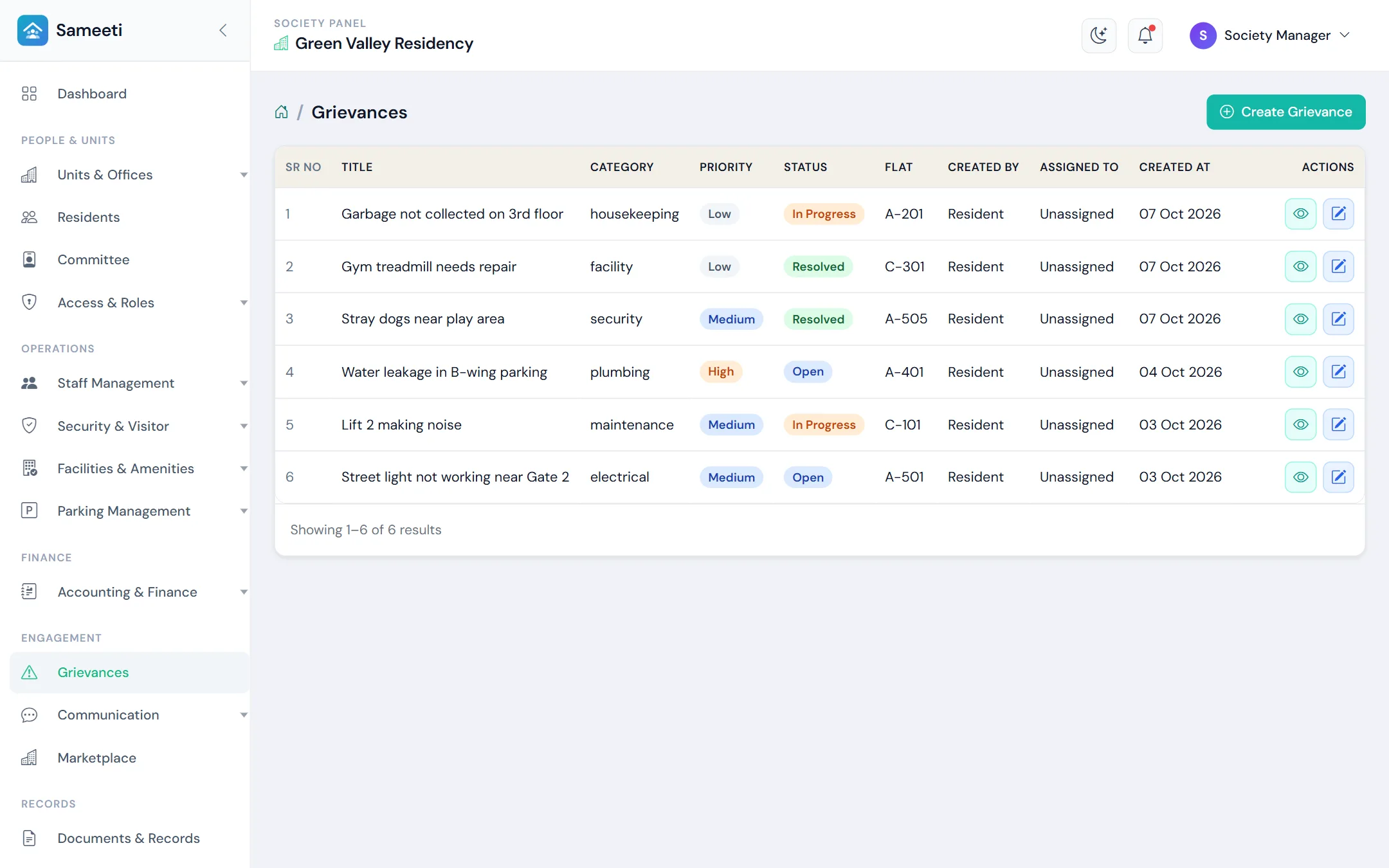 Complaints list with category, priority and status